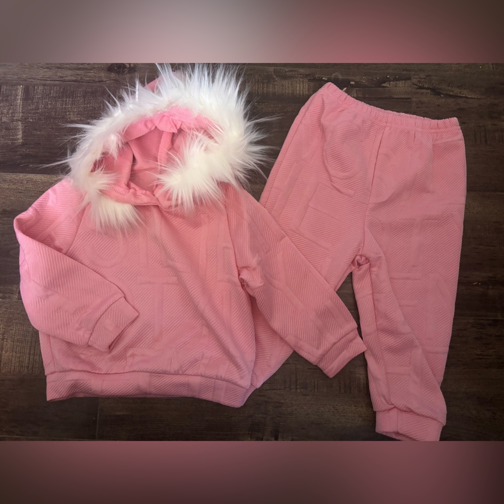 Pink Hooded Tracksuit with Faux Fur Trim